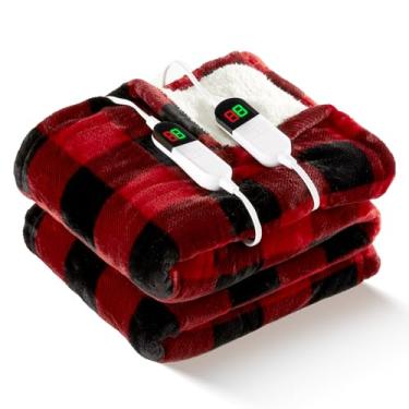 Imagem de MAXEVE Cobertor Elétrico Aquecido 213 cm x 228 cm Sherpa Buffalo Xadrez Natal Queen Cobertor com Controladores Duplos 8 Níveis de Aquecimento e 8 Horas de Desligamento Automático, Aquecimento Rápido