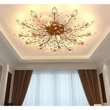 Imagem de Ridiss Luminária de teto de cristal moderna, lustres dourados de montagem semi-embutida, iluminação de teto de folha de cristal, lâmpada pendente para sala de jantar, sala de estar, quarto