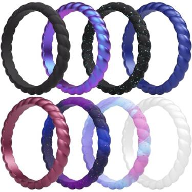 Imagem de ThunderFit Alianças de casamento de silicone trançadas finas para mulheres, anéis de noivado de borracha de 3,5 mm de largura e 2 mm de espessura - 1/4/8/10/12/16 pacote variado, 7.5 - 8 (18.2mm