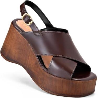 Imagem de Sandália Anabela Feminina Lumiss Plataforma Madeira Confortável Blogueira Fivela marrom36