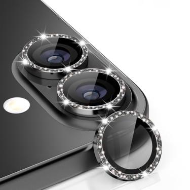 Imagem de imluckies Glitter Protetor de lente de câmara para 17 de 6,3", AR+AF Cobertura de lente de vidro temperado transparente HD, dureza 9H, anel único de metal brilhante, preto brilhante