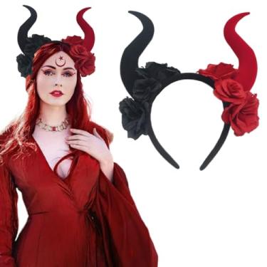 Imagem de Ncozwo Devil Horns Headband Black Red Rose Demon Horns Hair Hoop Halloween Gothic Witch Horn Hairband Day of The Dead Headpiece Hair Accessories for Carnival Makeup Party