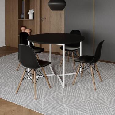 Imagem de Mesa Jantar Industrial Redonda 110Cm Preta Base V Ferro Branco C/4 Cad