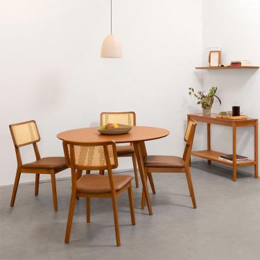 Imagem de Conjunto Mesa Jantar Square Laminada Redonda Natural - 1,08m + 4 Cadeiras Lalá Encosto Palha Creme - Cognac Conjunto Mesa Jantar Square Laminada Redonda 1,08m Natural + 4 Cadeiras Lalá Encosto Palha Creme Assento Pu Whisky (B212)