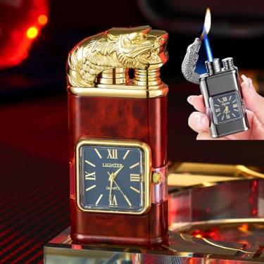 Imagem de Relógio vintage isqueiro à prova de vento bisel chama a jato masculino legal chama dupla isqueiro (tigre vermelho)