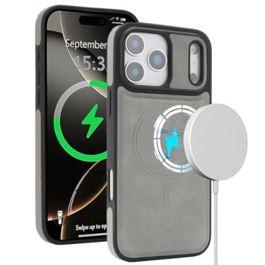 Imagem de HAOMRIYL Capa magnética para iPhone 17 Pro Max/17 Pro/17 Air/17, capa de telefone fina de couro proteção para câmera retrô Business à prova de choque, cinza, 17 Pro