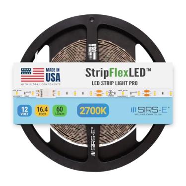 Imagem de SIRS-E StripFlexLED Luzes de LED brancas, 12 V 60 LEDs/m 2700 K branco quente, 5 m, certificado UL, feito nos EUA, fita flexível de grau profissional para iluminação versátil