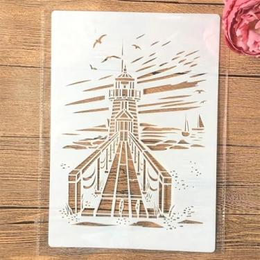 Imagem de TIAMECH A4 Estêncil reutilizável para pintura de farol da costa - Modelo de camadas de calçadão à beira-mar de praia, arte de parede DIY, móveis de madeira, álbum de recortes e artesanato (21 x 29,7