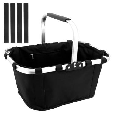 Imagem de Cesta de transporte de tecido Oxford, cesta de compras dobrável, bolso lateral grande com zíper, recipiente dobrável de grande capacidade com alça ergonômica, portátil para acampamento, ótimo para