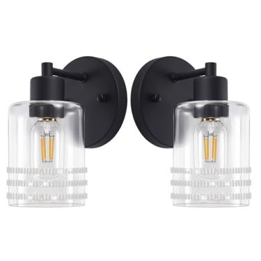 Imagem de YYT Arandelas de banheiro Conjunto de 2 arandelas de parede pretas conjunto de duas arandelas de banheiro 1 luz moderna arandela de parede interna com sombra de vidro transparente para quarto