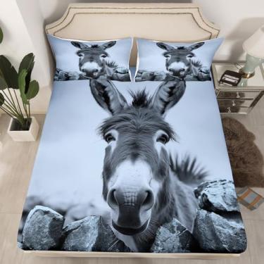 Imagem de Erosebridal Jogo de cama casal engraçado burro de fazenda, animal de fazenda, cinza, retrô, para quarto de crianças, meninos, adolescentes e adultos, lençol com elástico de microfibra macia com 2