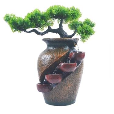 Imagem de YOUUGIOR Tronco de resina de árvore de plástico com jarra fontes rústicas fonte de cachoeira com luz LED som calmante mesa escritório casa decoração de mesa