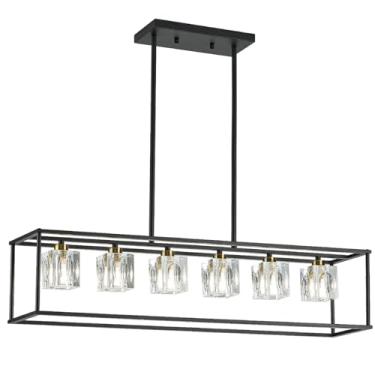 Imagem de Soilsiu Lustres de cristal modernos para sala de jantar, luminária de ilha sobre mesa, 6 luminárias pendentes retangulares ajustáveis de altura para cozinha, sala de estar, quarto