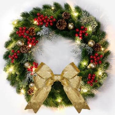 Imagem de Taybonds Guirlanda de Natal, decoração de Natal para porta, guirlanda de Natal com cordão, abeto artificial, frutas vermelhas, pinhas e laço dourado, 33 cm