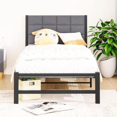 Imagem de JUISSANO Estrutura de cama de solteiro com cabeceira, estrutura de cama de solteiro tamanho solteiro com suporte de ripas de metal/estrutura de cama de plataforma estofada de metal sem necessidade de