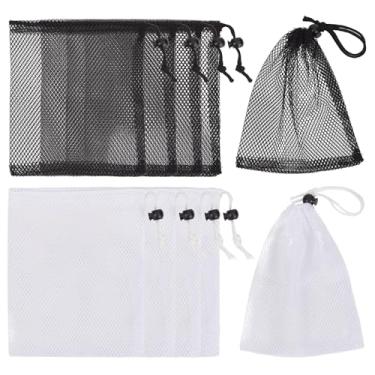 Imagem de NICENEEDED 8 peças de malha com cordão, 15 x 19 cm, bolsa de rede de poliéster de poliéster pequena com trava de cabo, sacos de armazenamento multiuso de malha preta branca para academia bolas de