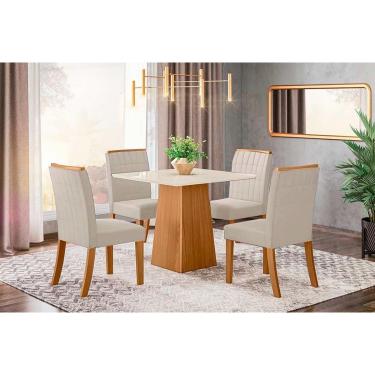 Imagem de Conjunto: Mesa Sala Jantar Dora c/ Tampo Madeirado 90cm + 4 Cadeiras Tauá Nature/Veludo Light Linho - Henn