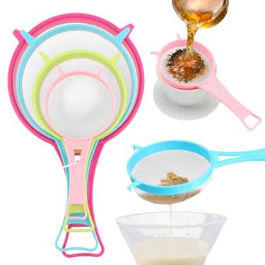 Imagem de Conjunto de coador de malha de 4 peças, conjunto de escorredor fino de plástico, colher de filtro de peneira de farinha com alças, peneiras de açúcar, filtro de chá para filtrar suco de café, leite