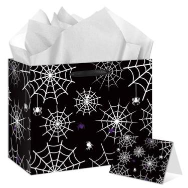 Imagem de HSKMAKE Bolsa grande de teia de aranha de Halloween, bolsa de presente de aranha preta, com cartão e papel de seda, bolsa de presente de Halloween para chás de bebê, suprimentos de decoração de festas