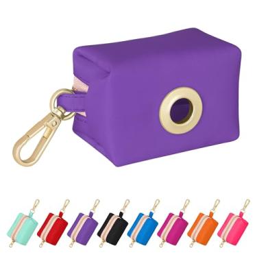 Imagem de Didog Suporte de saco de cocô de cachorro de nylon colorido com ilhós de metal e clipe mosquetão, zíper liso, inclui 1 rolo de 15 sacos, roxo