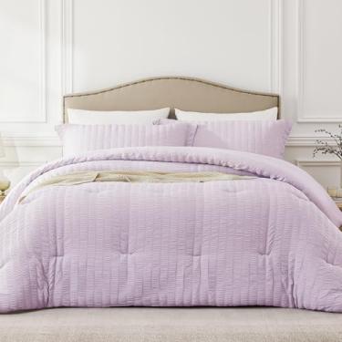 Imagem de Quataly Conjunto de edredom de tamanho casal, roxo claro, 3 peças, leve Seersucker para todas as estações, tamanho casal (203 x 203 cm, edredom e 2 fronhas)