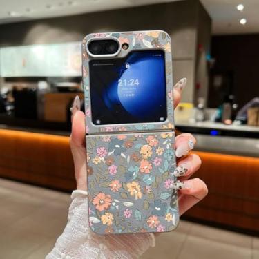 Imagem de Capa dobrável de TPU com textura de couro estampado com flores pequenas para Samsung Galaxy Z Flip6 (para Samsung Galaxy Z Flip6/A677 cinza)