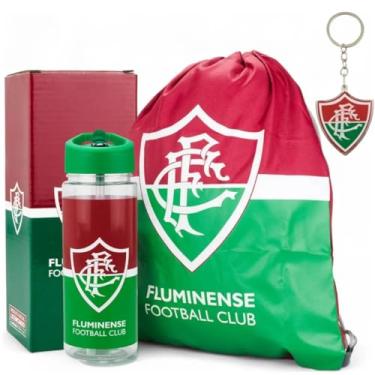 Imagem de Garrafa Squeeze Treino Academia 450ml Mochila Saco Futebol Fluminense Kit Presente Torcedor Fluzão Tricolor (Kit Mochila Garrafa e Chaveiro Emborrachado Fluzão)
