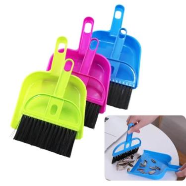 Imagem de Conjunto de 3 peças de mini escova e pá de lixo de plástico, vassoura pequena usada para mesa, cozinha, limpador de gaiola para animais pequenos, porquinhos-da-índia, hamsters, chinchilas e coelhos