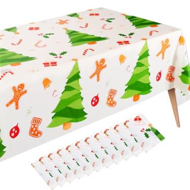 Imagem de Fivebop Pacote com 10 toalhas de mesa de plástico de Natal descartáveis, floco de neve vermelho, 137 x 272 cm, capas de mesa retangulares para decoração para banquetes de festas de fim de ano (pacote