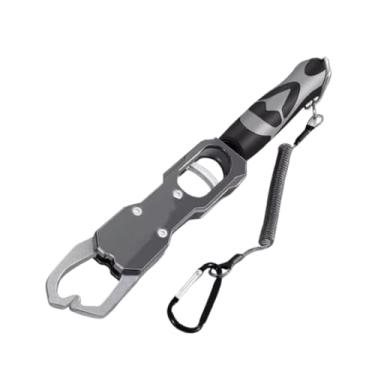 Imagem de Fenteer Alicate de pesca fácil de pegar com balança, liga de alumínio portátil antiderrapante com cordão, máximo de 39 lb, ferramenta de desembarque de peixes, Cinza
