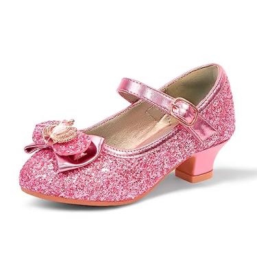 Imagem de PANDANINJIA Sadie sapato feminino salto social strass laço Mary Jane pump salto baixo princesa flor festa de casamento para crianças pequenas, Sadie Pink Sequin, 10 Toddler