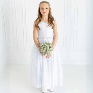 Imagem de Vestido Infantil Longo Branco com Tule e Cinto Branco Daminha Casament