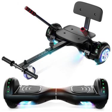 Imagem de Hoverboard com Assento para Crianças e Adultos, Autoequilíbrio 6,5 e 8,5 polegadas, Bluetooth com Luzes LED Coloridas e Kart Preto