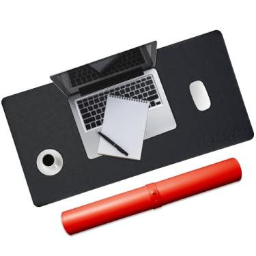 Imagem de Mouse pad grande de couro PU dupla face, tapete de mesa de computador antiderrapante, impermeável, fácil de limpar, adequado para escritórios e escritórios em casa (preto e vermelho, 80 × 40 cm)