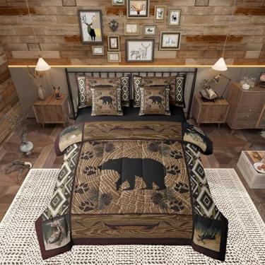 Imagem de Homewish Jogo de lençol casal com estampa de urso rústico, reversível, 7 peças, decoração de cabana de caça de animais selvagens, tabuleiro de madeira, xadrez tribal asteca, com edredom, lençol com