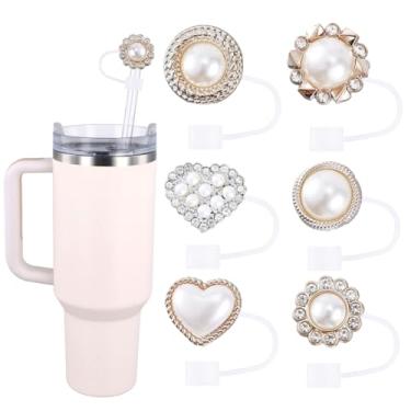 Imagem de 6 peças de cobertura de palha de pérola para canudo Stanley, tampa reutilizável de silicone brilhante, tampa de tampa, protetor de bebida para decoração de acessórios de copo Stanley