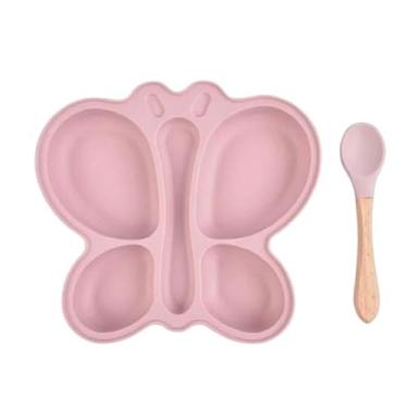 Imagem de Prato Infantil Borboleta com Colher, Silicone Rosa, 21.8x21.8cm, 4 Compartimentos Divididos, Conjunto para Auto-Alimentação de Bebês com Colher de Madeira