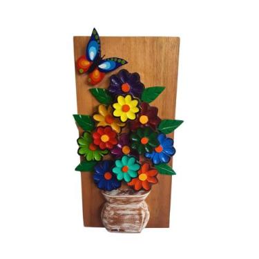 Imagem de Quadro Rústico Madeira Demolição Flores Coloridas e Borboleta Artesana