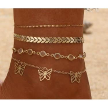 Imagem de Tornozeleiras femininas de camada dourada com elos delicados, não mancham, corrente de cobra espinha de peixe, conjunto de tornozeleira de zircônia cúbica, pingente de borboleta, joia boho para praia