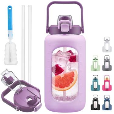 Imagem de HYDRAGLAZIC Parafusos de água de vidro de 2,041 g com canudo, bico e tampa 2 em 1, garrafa de água de meio galão com marcador de tempo e manga de silicone, garrafa de água esportiva sem BPA para