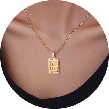 Imagem de Colar masculino com inicial, pingente de letra retangular de A a Z, corrente de aço inoxidável banhada a ouro, joia de monograma personalizada, 20in, Aço inoxidável, Sem Pedra Preciosa