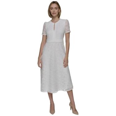 Imagem de Karl Lagerfeld Vestido feminino elegante de renda de manga curta, Branco macio, 48