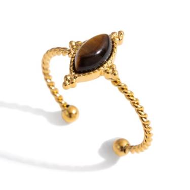 Imagem de Dikixe Anel de olho de tigre boêmio para mulheres, anel ajustável banhado a ouro 18 K, anel de declaração de pedra natural, joia de design aberto retrô