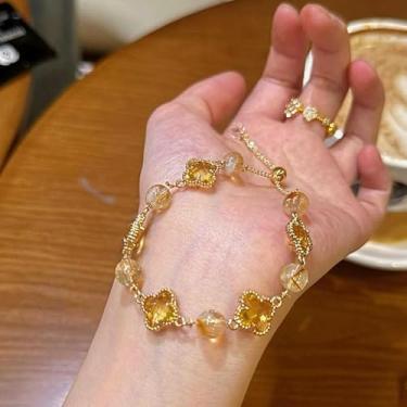 Imagem de Pulseira feminina luxuosa de trevo de quatro folhas de cristal amarelo chique, banhada a ouro, joia minimalista, ajustável, acessórios requintados para o dia dos namorados