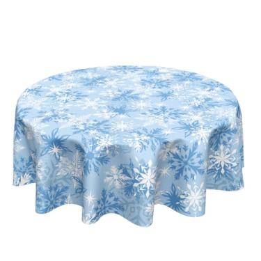 Imagem de Ancordivo Toalha de mesa redonda de Natal azul de 177 cm, floco de neve, azul e branca, toalha de mesa redonda de Natal para cozinha, jantar, decoração de casa