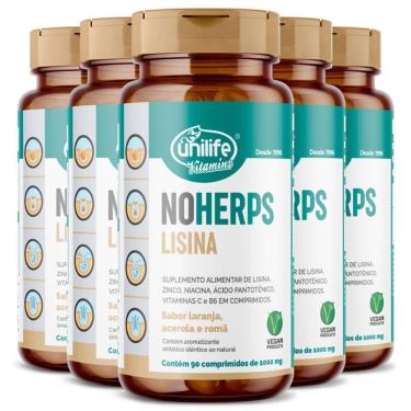 Imagem de Kit 5 Noherps Lisina 1000mg Unilife 90 Comprimidos Laranja E Acerola