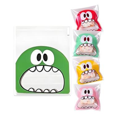 Imagem de 100 unidades de sacos autoadesivos para doces de biscoito - Boca grande monstro padaria decoração autovedante saco de guloseimas de celofane sacos de presente de chocolate para lembrancinhas de festa