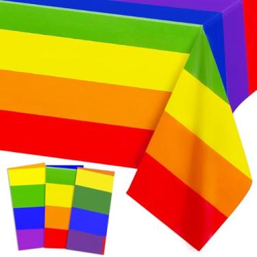 Imagem de Jremreo 3 peças de toalha de mesa de plástico arco-íris 137 x 272 cm, capas de mesa descartáveis retangulares para eventos LGBTQ, decorações de casamento, mês do orgulho, piquenique de verão e artigos