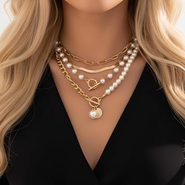 Imagem de Colar feminino em camadas, 4 peças, colar de ouro grosso, corrente de clipe de papel, pérola, espinha de peixe, gargantilha, 17.7IN, Metal, Sem Pedra Preciosa