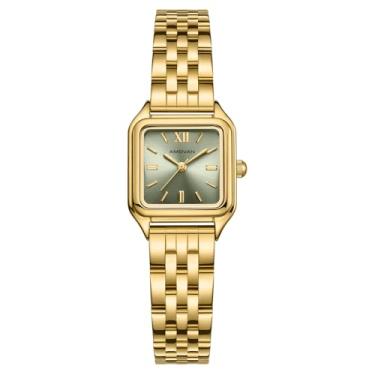 Imagem de AMOVAN Relógios dourados femininos, quartzo feminino atualizado com mostrador numeral romano, pulseira de aço inoxidável, caixa retangular, relógios de pulso vintage, ferramenta de ajuste incluída